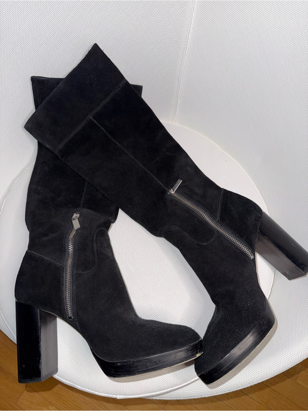 Michael Kors Regina Black Suede Knee-High Platform Boots with Side Zip